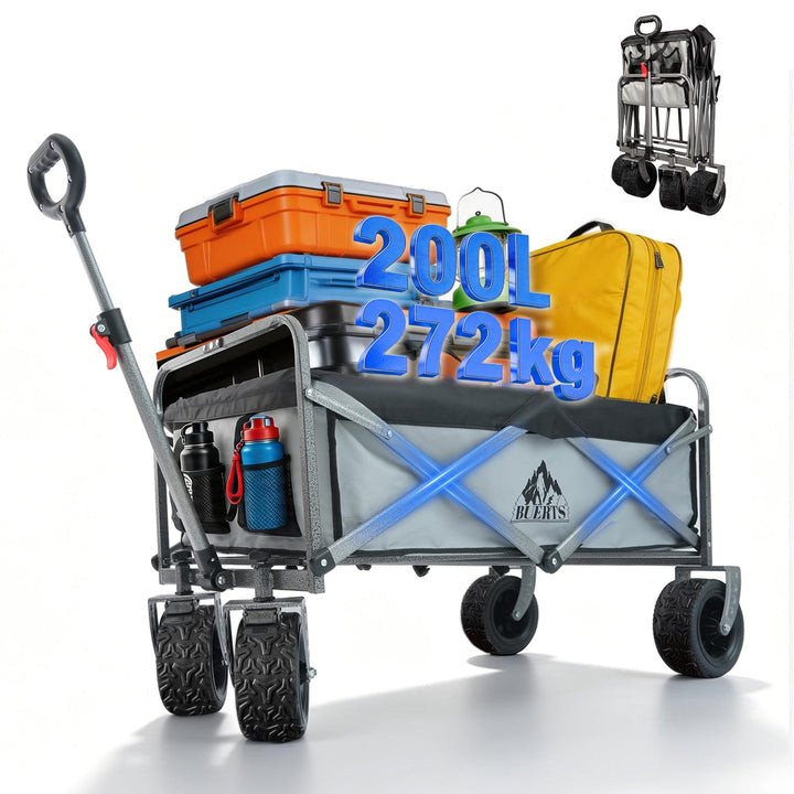 Bollerwagen Faltbar – Tragkraft 272 kg, mit Bremsen, Getränkehalter, Verstellbarem Griff, All Terrai