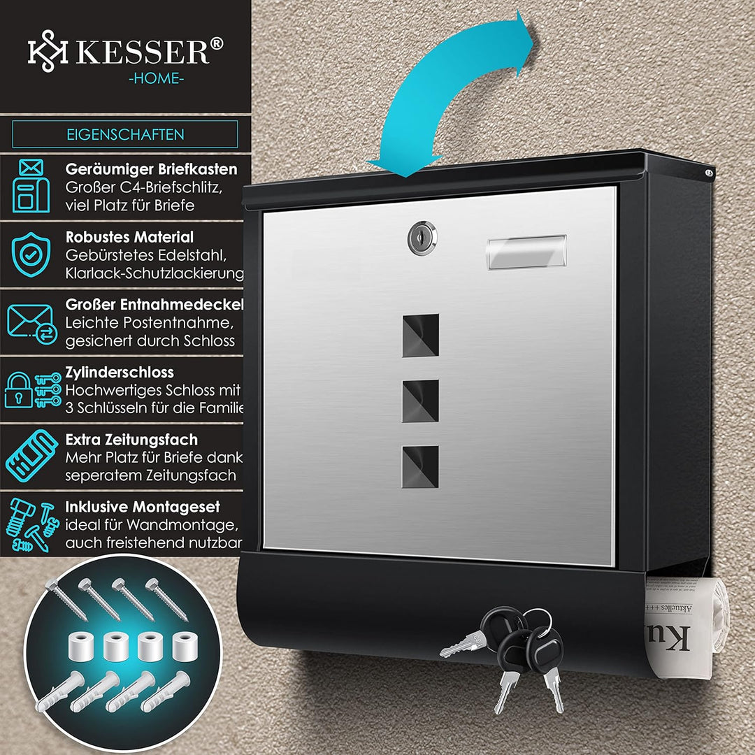 KESSER® Briefkasten Edelstahl mit Zeitungsfach Namensschild, Sichtfenster, gebürstet, 3X Schlüssel a