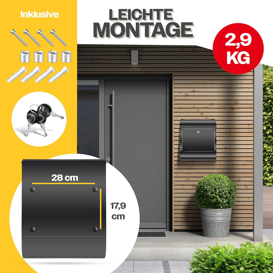 KESSER® XXL Briefkasten Edelstahl mit Zeitungsfach, gebürstet, 3X Schlüssel abschliessbar, Pulverbes