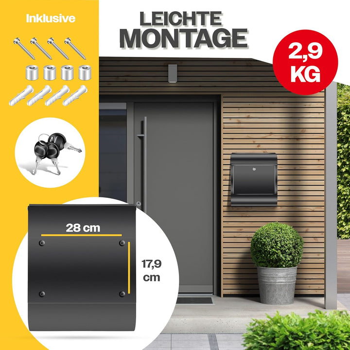 KESSER® XXL Briefkasten Edelstahl mit Zeitungsfach, gebürstet, 3X Schlüssel abschliessbar, Pulverbes