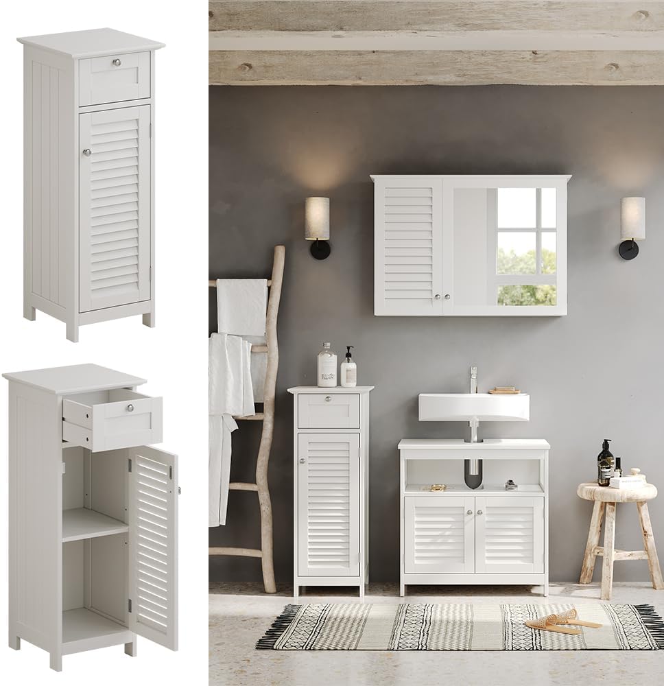Vicco Midischrank Riad, Weiss, 32 x 87 cm mit Tür und Schublade, Midischrank