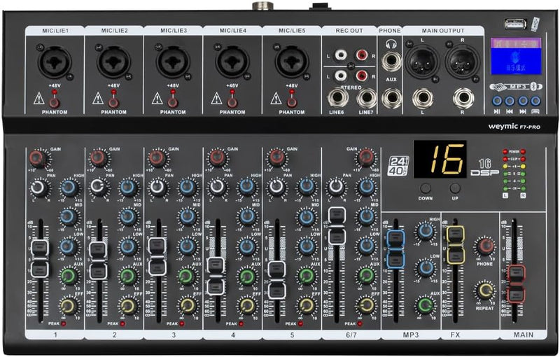 Weymic F7-Pro Professioneller Mixer | 7-Kanal 2-Bus Mischpult/w USB-Audio-Schnittstelle für Aufnahme