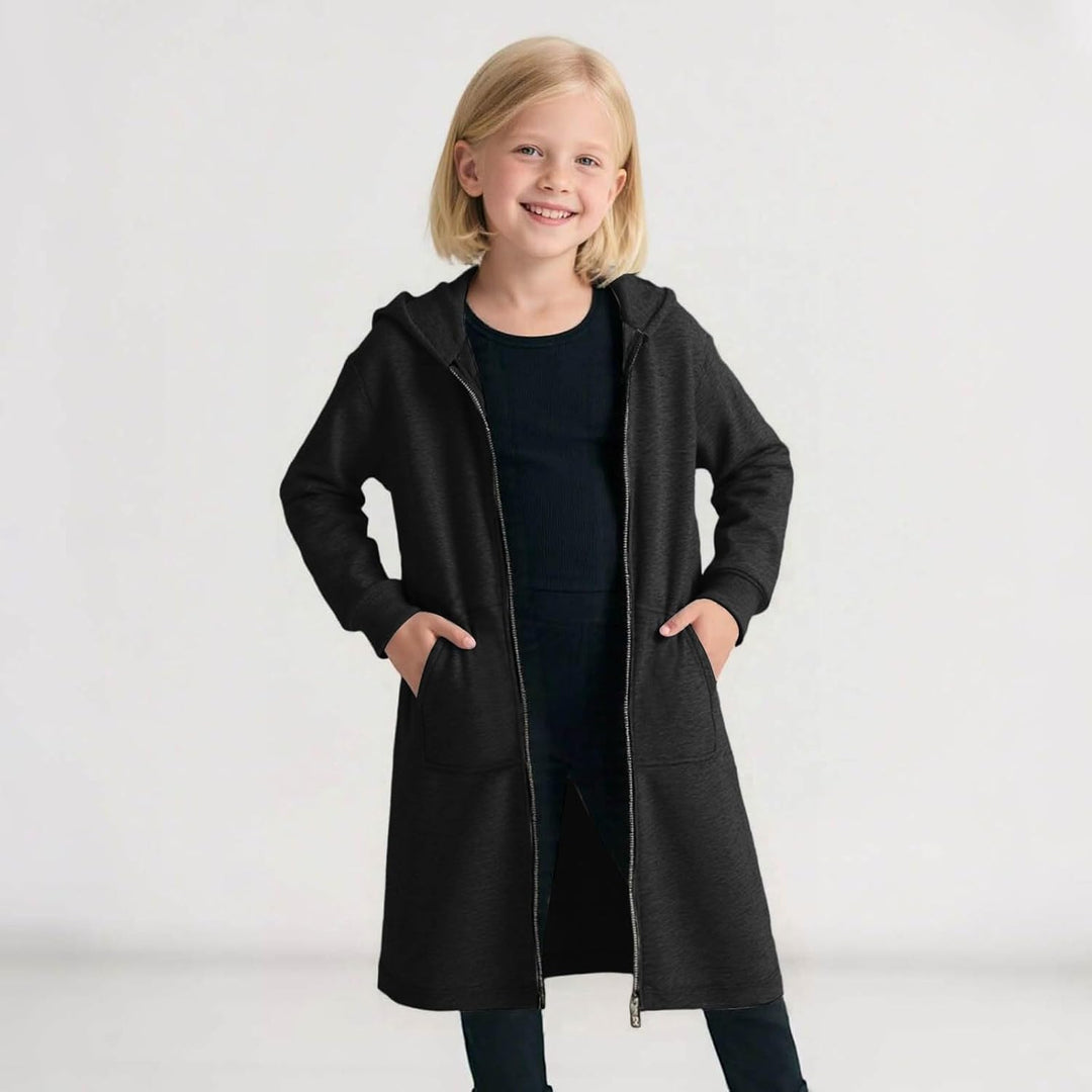 Hoodie Jacke Mädchen mit Reissverschluss Lang Kapuzenpullover Strickjacke Einfarbig Locker Sportjack