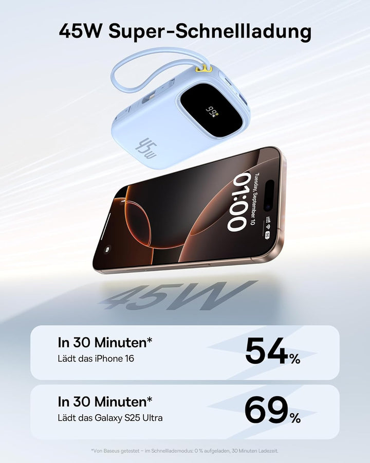 Baseus Powerbank 20000mAh 45W mit integriertem USB-C Kabel, QPow3 Power Bank PD3.0 QC4.0 Externe Han