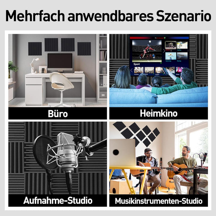 36 Stück Akustikpaneele, Selbstklebend Wandpaneele, Schwarz Gerillte Akustikschaumstoff 12 x 12 x 2