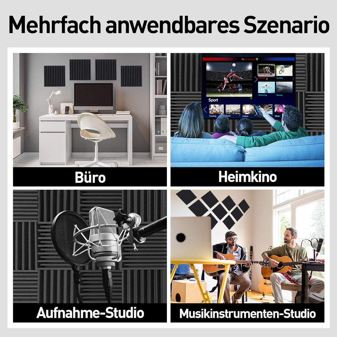 24 Stück Akustikschaumstoff Selbstklebend, Schwarz Gerillte Akustikpaneele 12 x 12 x 2 Zoll, Hohe Di