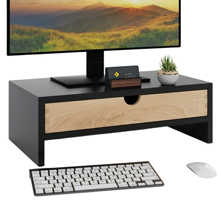 Monitorständer mit Schublade, Bildschirmständer, Schwarz, Schwarz