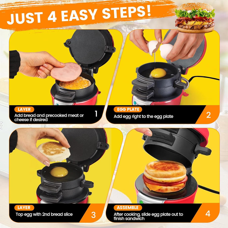 Sandwich Toaster Burger Maker mit Eierringe und Zeitschaltuhr, Effiziente Antihaft Heizplatten, Spül