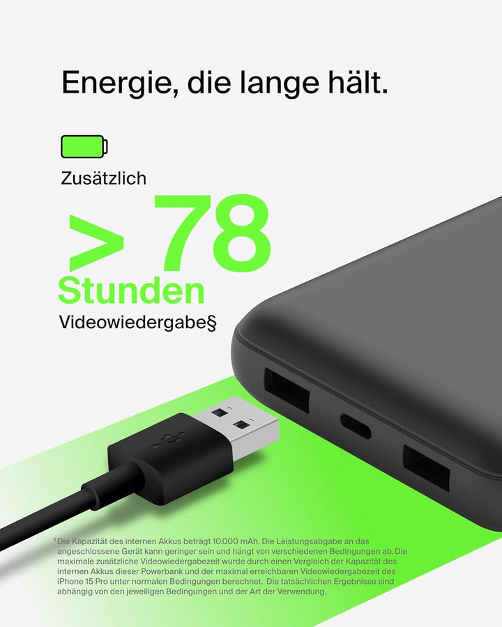Belkin tragbares USB-C-Ladegerät, 20.000 mAh, 20K Powerbank mit USB-C-Ein-/Ausgang und 2 USB-A-Ansch