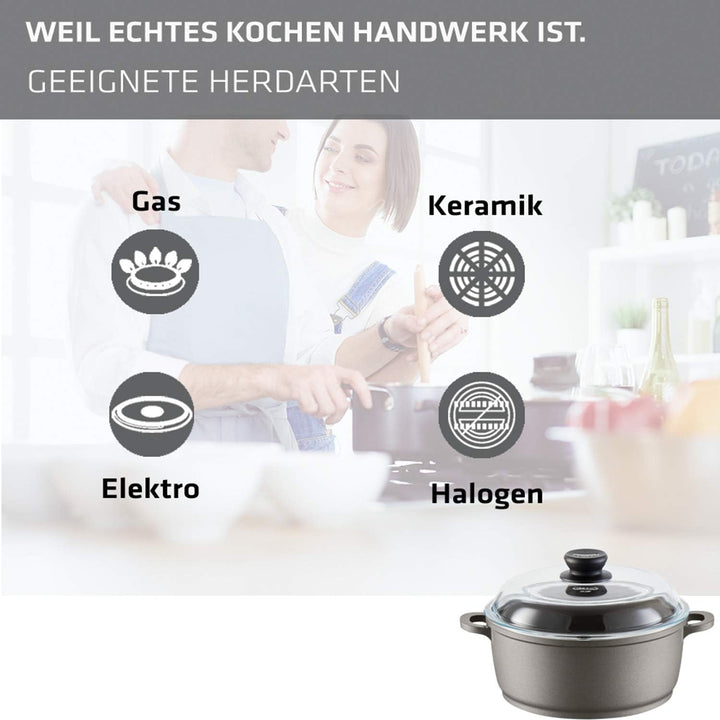 Berndes BONANZA Kochtopf mit Glasdeckel, inkl. Silikon-Thermogriffe, 20 cm, robuster Aluguss, Antiha