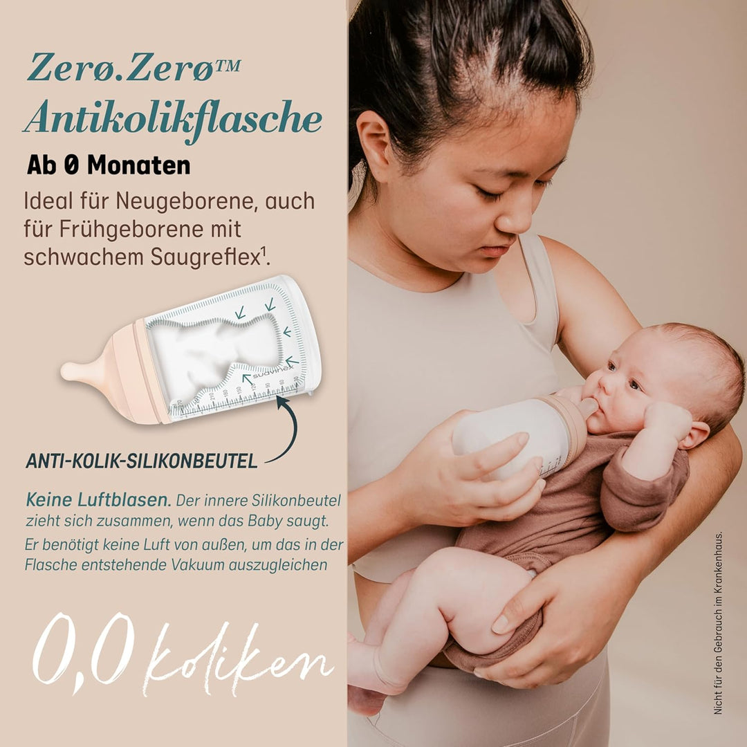 Suavinex, 2er Pack Anti-Colic Babyflasche Zero Zero,mit mittlerem Silikonsauger (M), für Babys ab 3