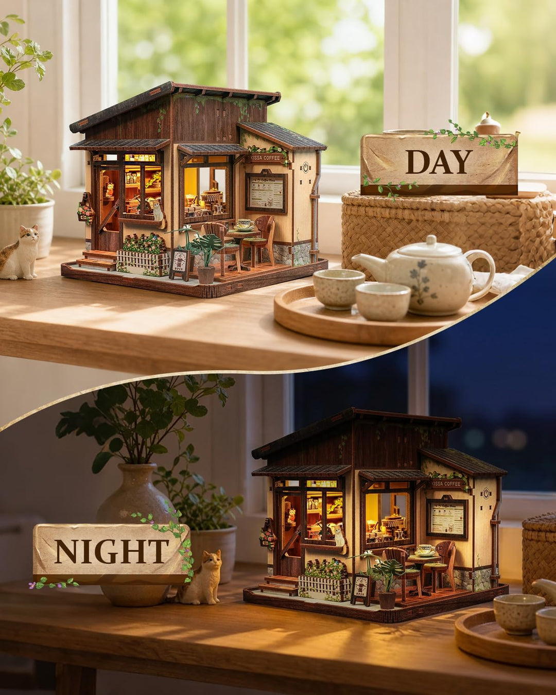 Book Nook Kit - Miniatur Puppenhaus mit LED: 3D Holz-Puzzle Buchstütze, Retro-Deko für Bücherregal,