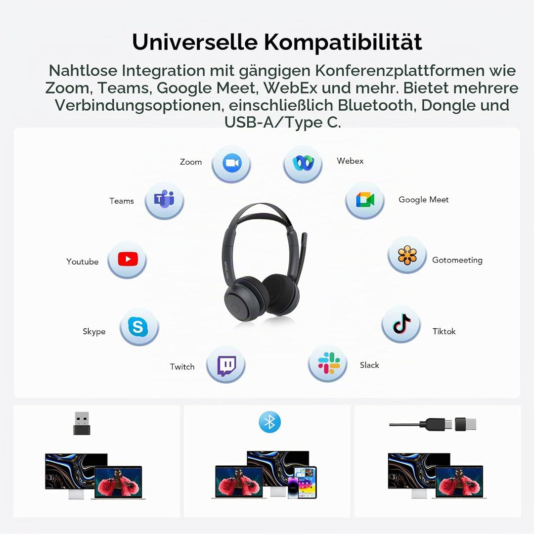 Nuroum HP31DU(2nd Gen) Bluetooth Headset mit Mikrofon Wireless, Geräuschunterdrückende Mikrofone für