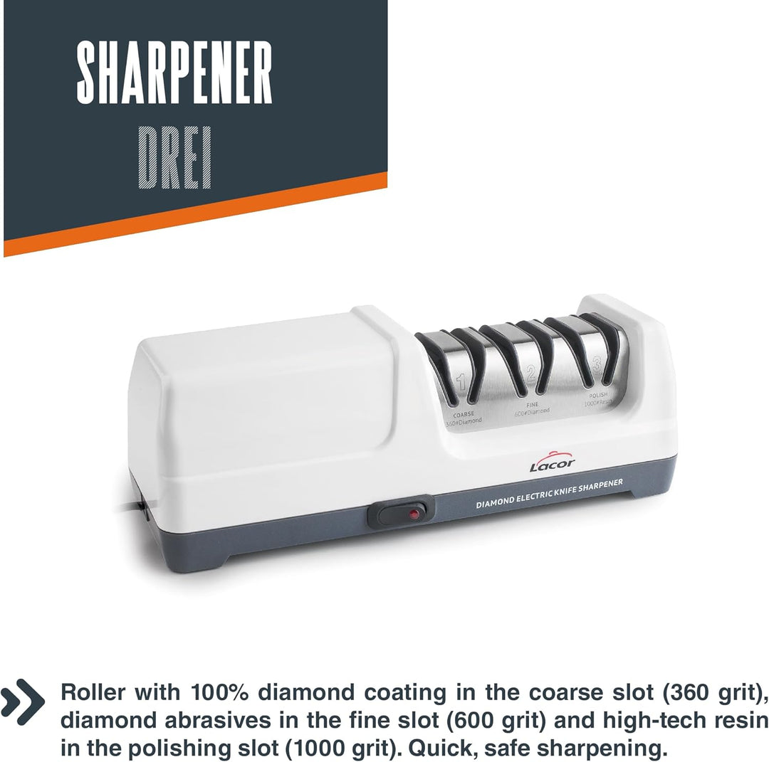 Lacor - 69432 - Drei Messerschärfer, elektrisch 18 W, 3 Stufen, mit Diamantscheiben, Für Stahl- und