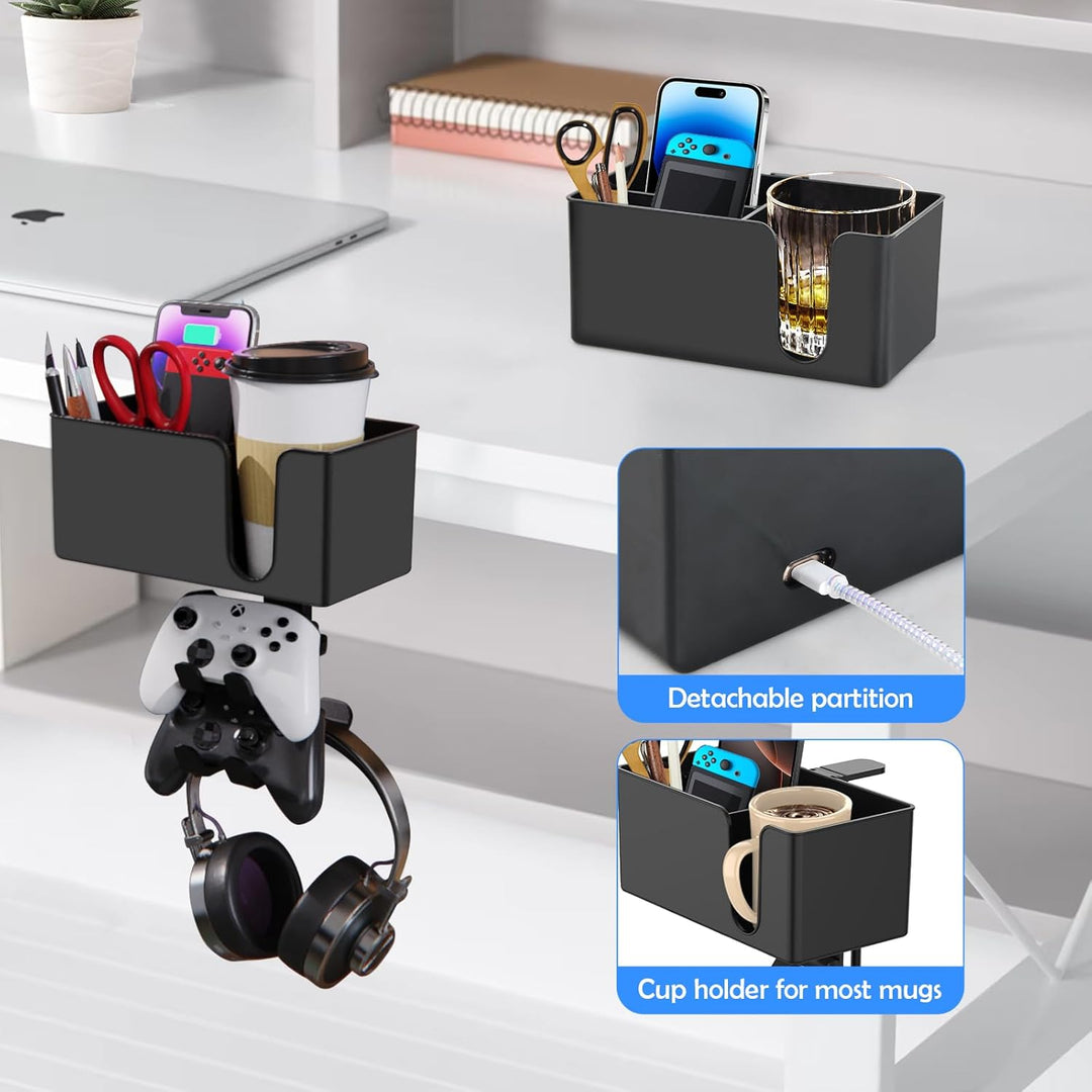 5 in 1 Getränkehalter Tisch, Kopfhörer Halter unter Schreibtisch, Headset Halterung, 360° Drehbarer