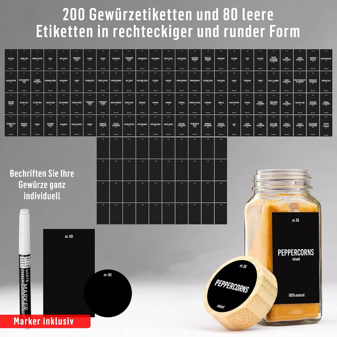 Deco Haus® Gewürzgläser eckig mit Holzdeckel 36er Set [+ Etiketten &amp; Streueinsatz] - Gewürzdosen Set