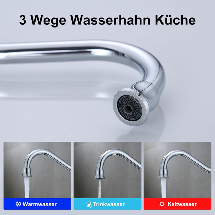 Florenta 3 Wege Wasserhahn Küche, 360° Drehbar Küchenarmatur Messing, 3 in 1 Mischbatterie für Wasse