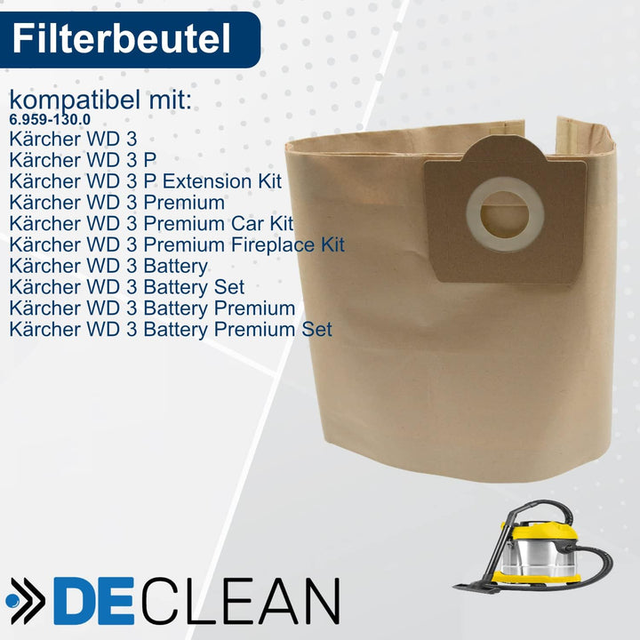 DeClean 20 Staubsaugerbeutel kompatibel mit Kärcher WD3 Ersatzteile WD 3 Premium,P,Extension Kit,Bat
