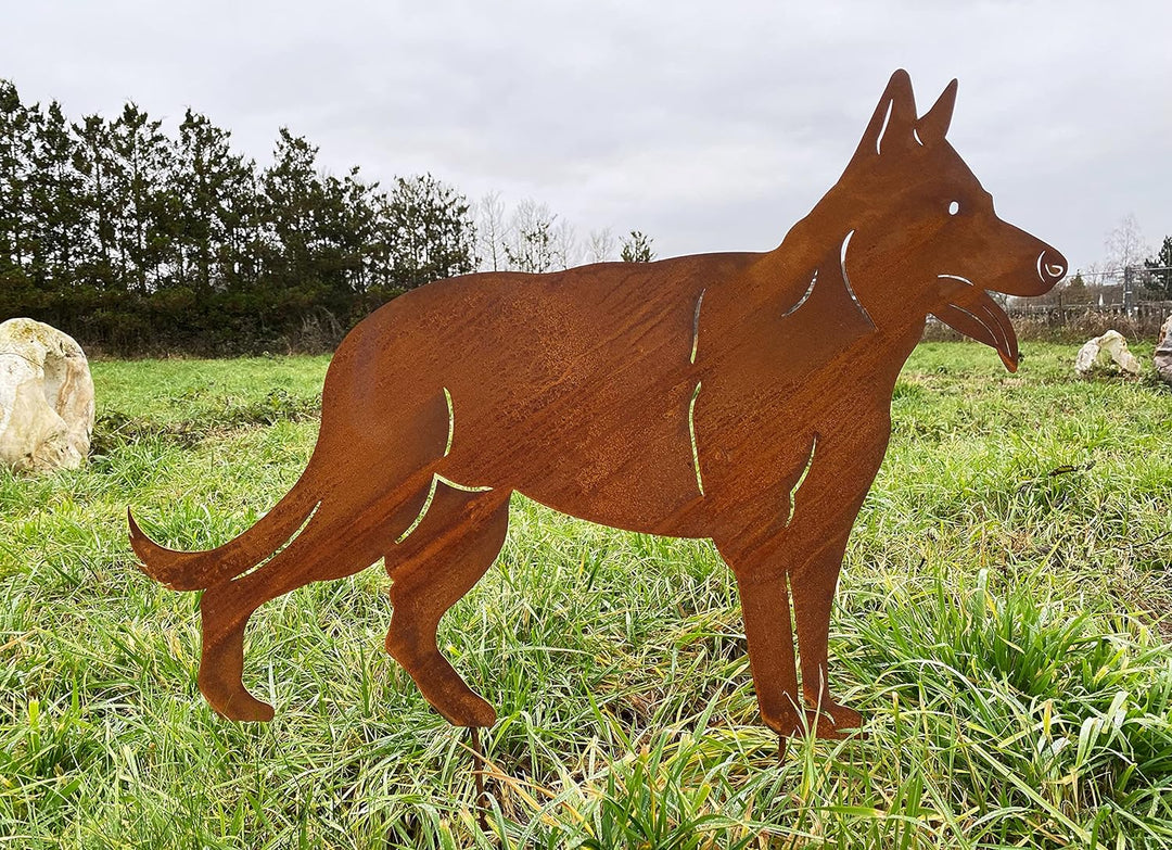 Gartenfigur Hund Schäferhund stehend 57x80cm Gartenstecker Edelrost Gartendeko Wetterfest Rost Metal