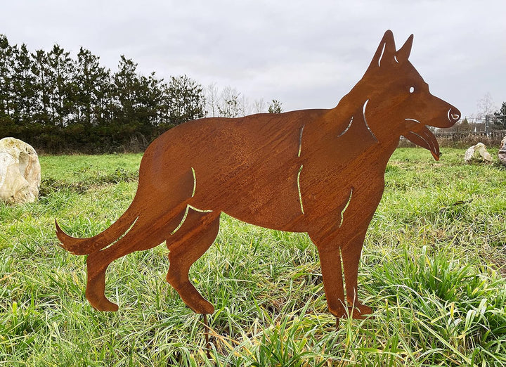 Gartenfigur Hund Schäferhund stehend 57x80cm Gartenstecker Edelrost Gartendeko Wetterfest Rost Metal