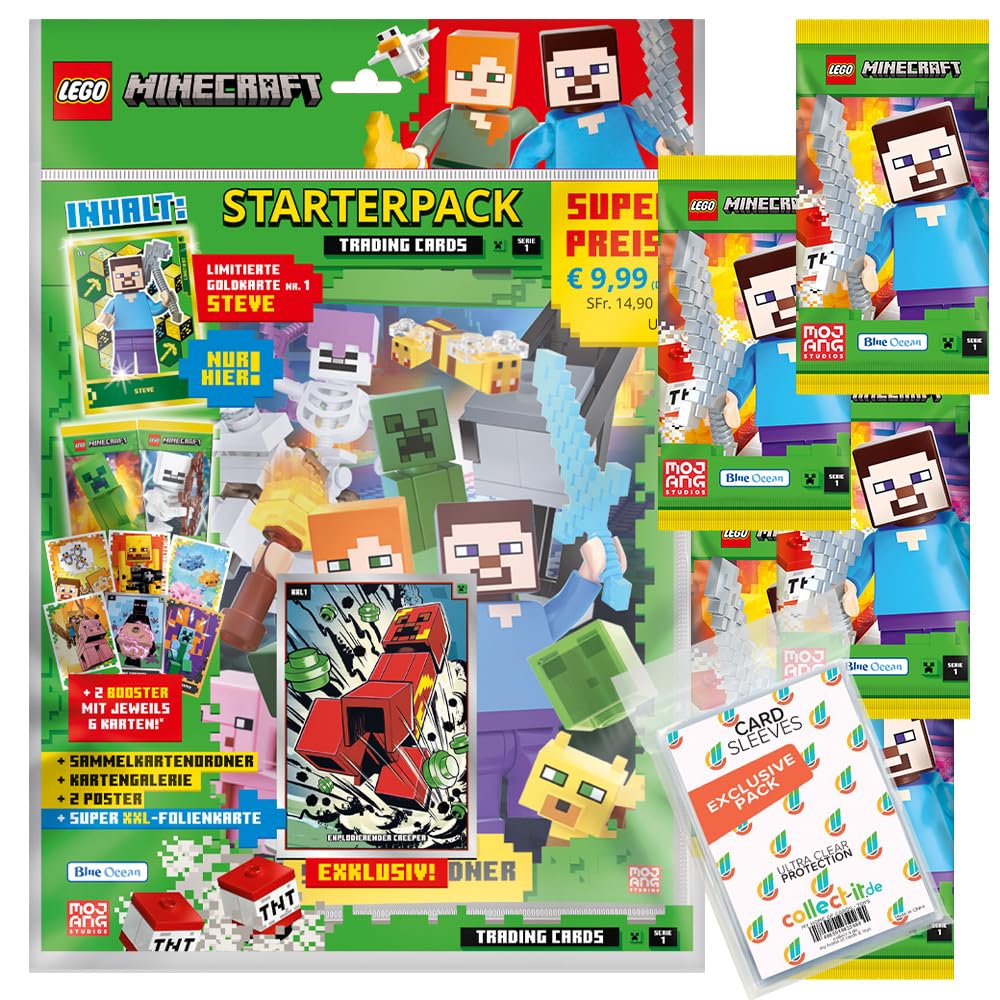 Bundle mit Lego Minecraft Serie 1 Trading Cards - 1 Starter + 5 Booster + 2 Limitierte Star Wars Kar