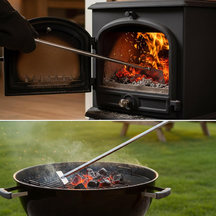Relaxdays Aschekratzer, Edelstahl, Holzgriff, 58,5 cm lang, Ascheschieber für Kamin & Ofen, Aschehak