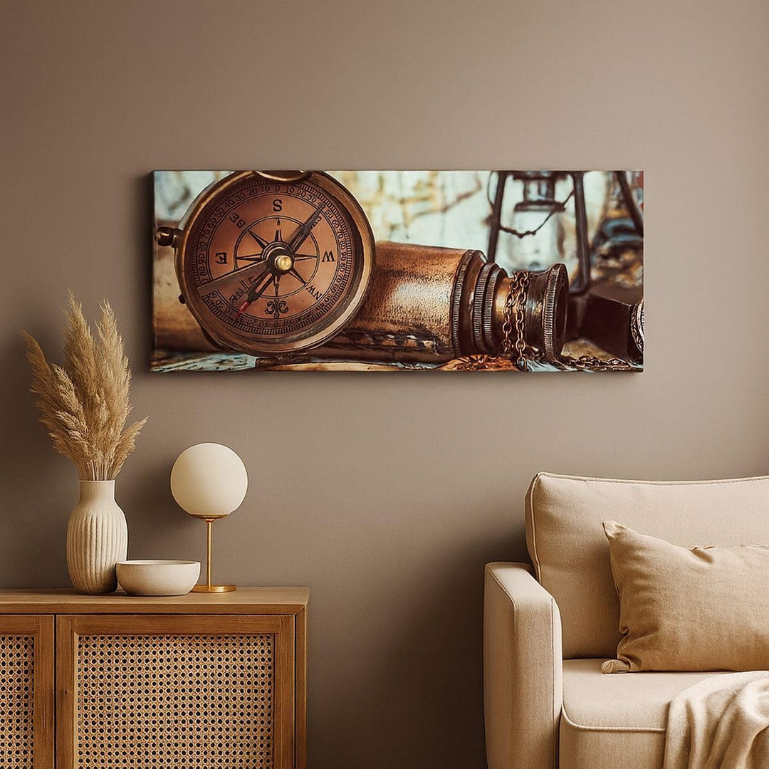 Panorama Bilder auf Leinwand 100x40cm Leinwandbild Kompass Teleskop Abenteuer antik Gross Wanddeko B