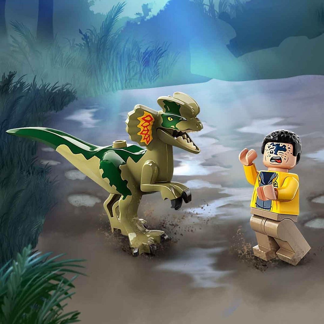 LEGO 76958 Jurassic Park Hinterhalt des Dilophosaurus, Dinosaurier Spielzeug Set mit Figur und Jeep