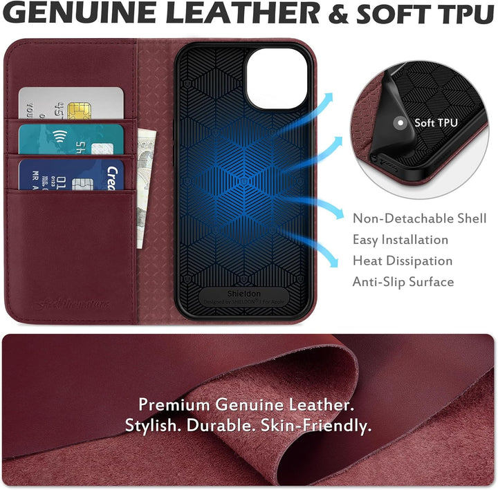 SHIELDON Hülle für iPhone 13, Praktische Handyhülle [3 Kartenfächer] [Echtes Rindsleder] [Standfunkt