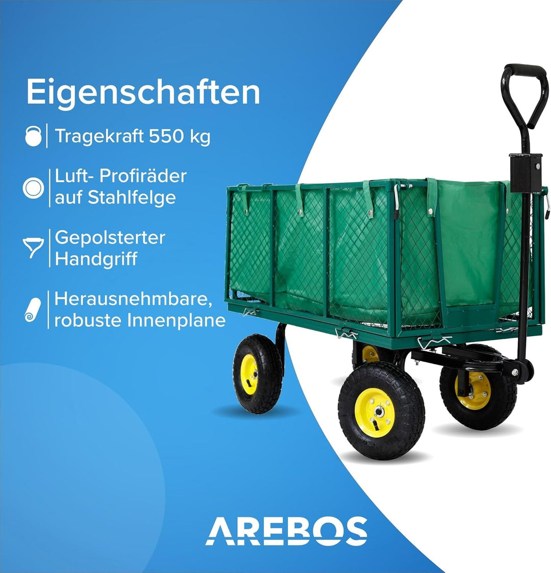 Arebos Bollerwagen | Gartenwagen | mit Profilreifen | 550kg belastbar | faltbar | grün | herausnehmb