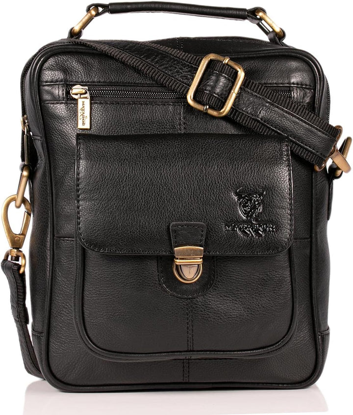 MATADOR Echt Leder Herren Umhängetasche Damen Schultertasche Schwarz Ledertasche Hochwertige Henkelt