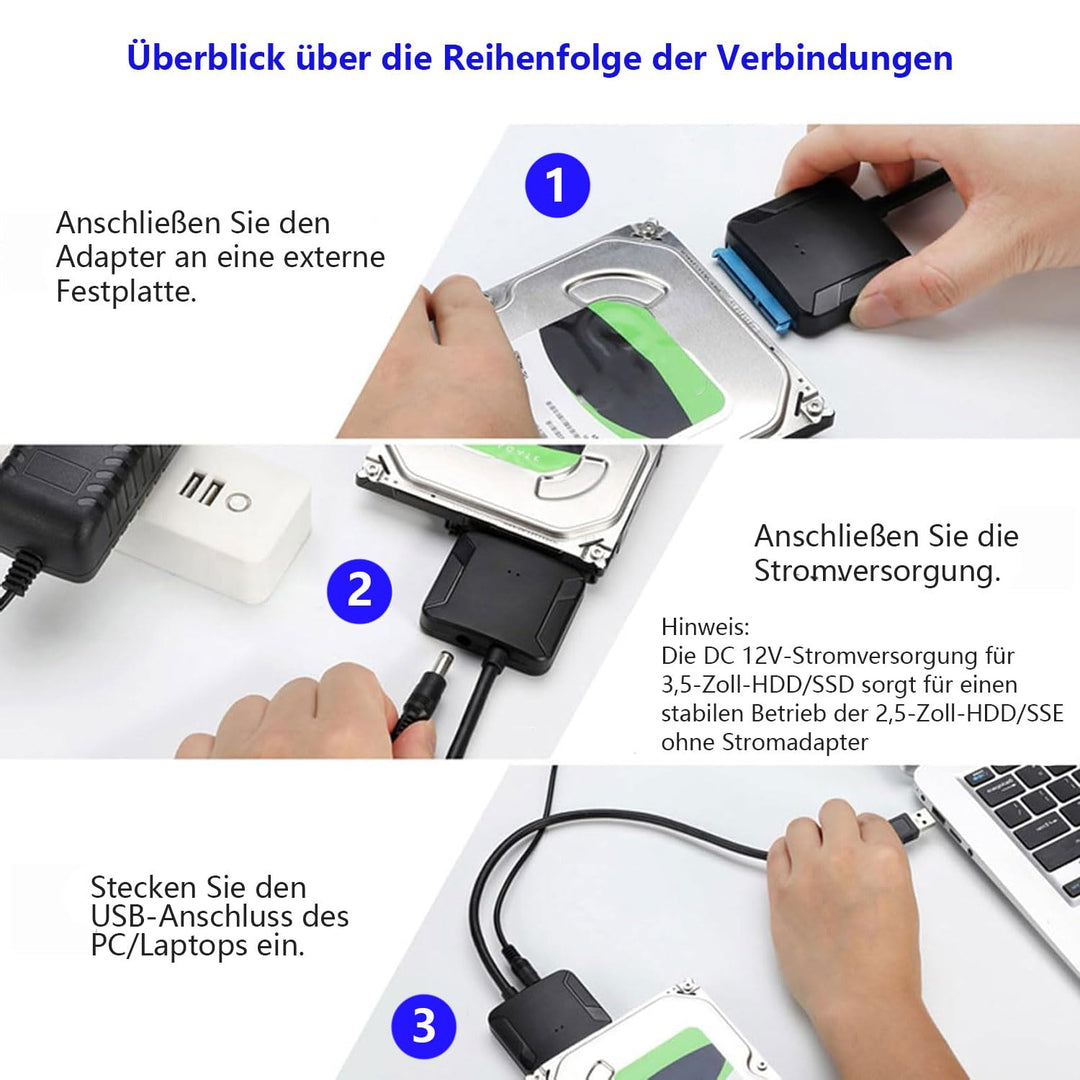 2 pcs USB 3.0 zu SATA-Adapter, Ultra High Speed 2,5 "/3,5" HDD/SSD Festplatte Konverter/Adapter Kabe