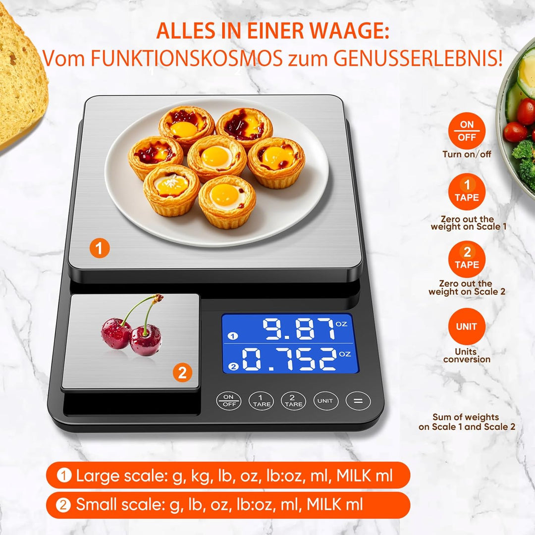 Digitale küchenwaagen mit Dual Plattform–Präzise 500g/0,01g&15kg/1g Messung, Tara-und Summierfunktio
