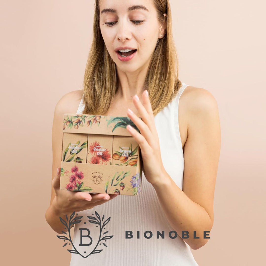 Bionoble Skincare Set 3x100ml - Bio Arganöl, Jojobaöl & Rizinusöl - Pflege für Gesicht, Körper und H