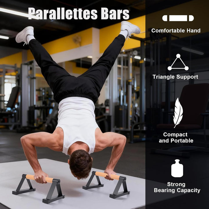 Parallettes Stäbe，Massivholz mit stabilem Metall Dreieck Halterung Push up Bars，Anti-Rutsch Handstan