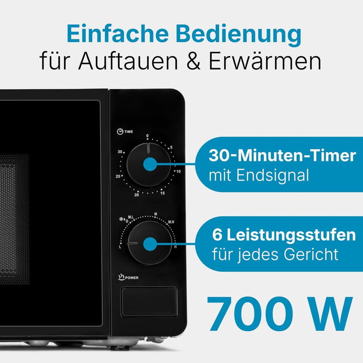 Clatronic® Mikrowelle | 700 Watt | 6 Stufen | 20 Liter Garraum | 360° Drehteller | Timer mit Endsign
