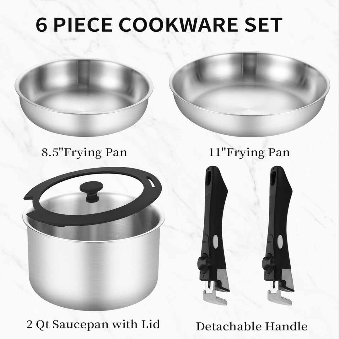 Inqibee Pfannenset mit Abnehmbarem Griff, Edelstahl Topfset für Induktion mit Deckel, 16+22+28cm Koc