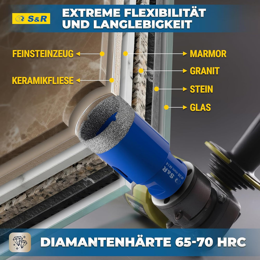 S&R Professional Diamant Fliesenbohrer 38 mm, Lochsäge für Fliesen M14 Gewinde, Diamant Bohrer Flies