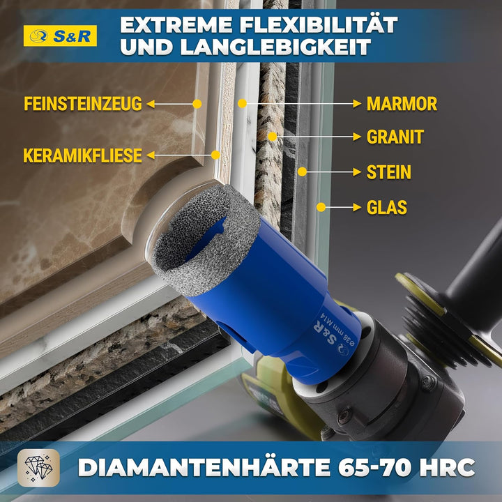 S&R Professional Diamant Fliesenbohrer 38 mm, Lochsäge für Fliesen M14 Gewinde, Diamant Bohrer Flies