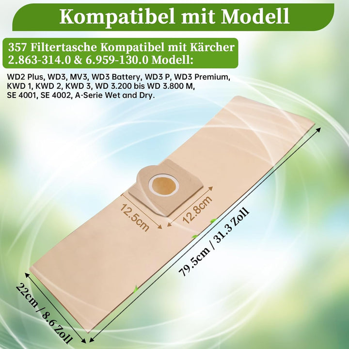 15 Stück Papierfilterbeutel für Kärcher 6.959-130.0, WD3 Staubsaugerbeutel Papier Filtertüten Beutel