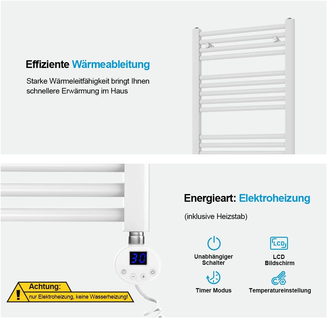 Heilmetz® Badheizkörper Elektrisch 120x60cm Handtuchwärmer heizkörper vertikal mit Timer-Funktion Ha