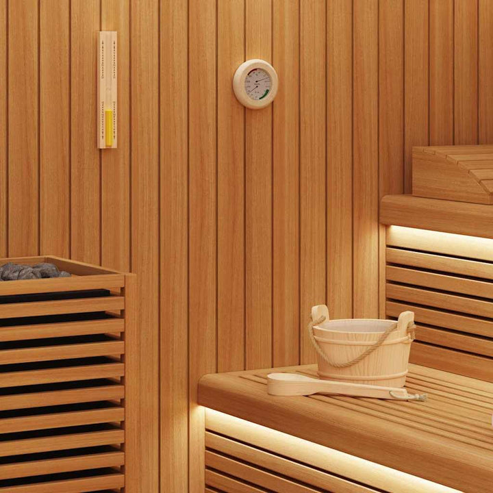 Sauna Zubehör Set 4 pcs Braun massives Kiefernholz Hanf 4L Eimer Schöpfkelle Thermo Hygrometer Sandu