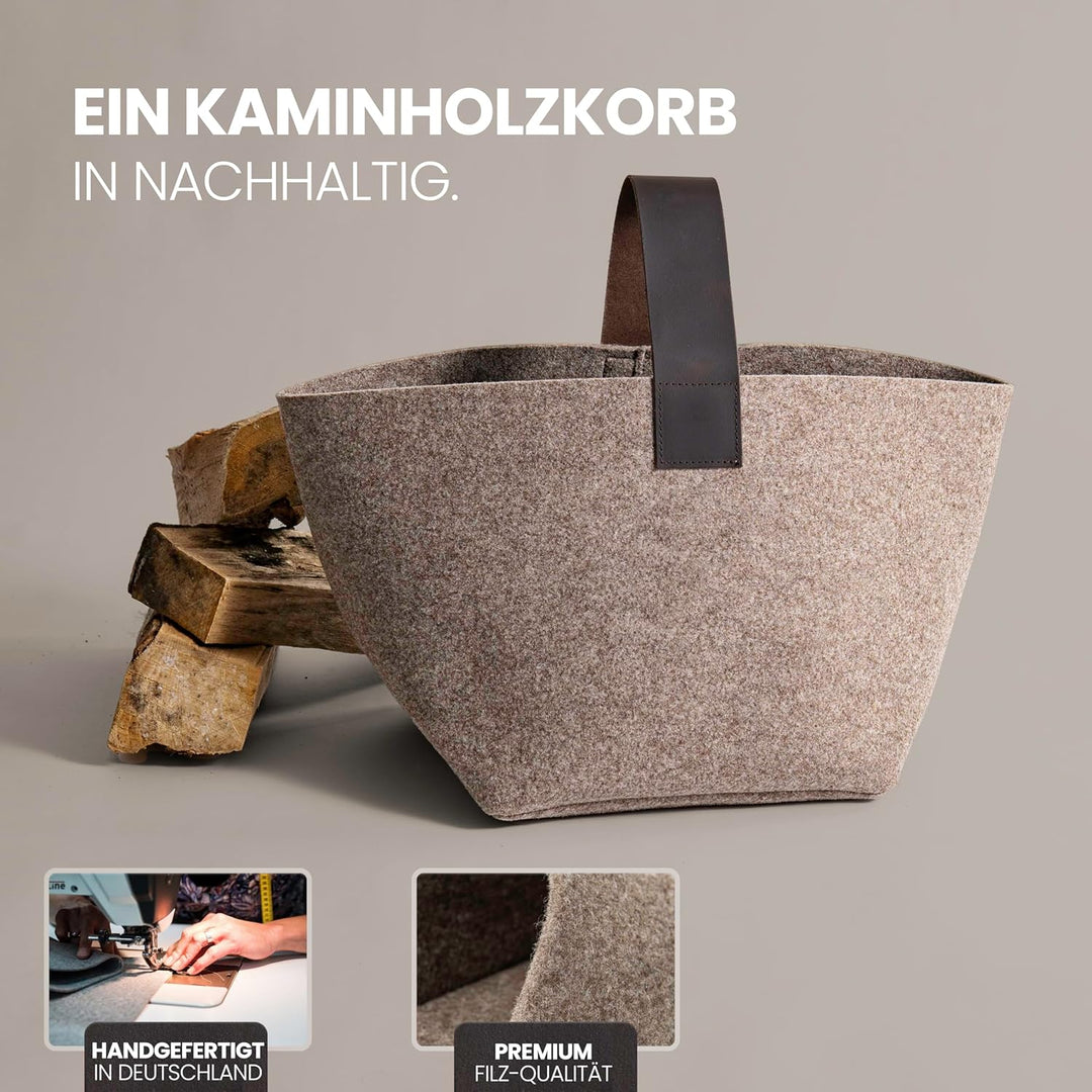 Designer Kaminholzkorb Filz [40L] - Made in Germany Holzkorb für Kaminholz aus Wollfilz mit Echtlede