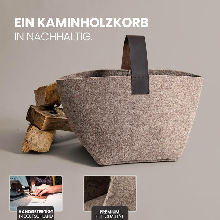 Designer Kaminholzkorb Filz [40L] - Made in Germany Holzkorb für Kaminholz aus Wollfilz mit Echtlede