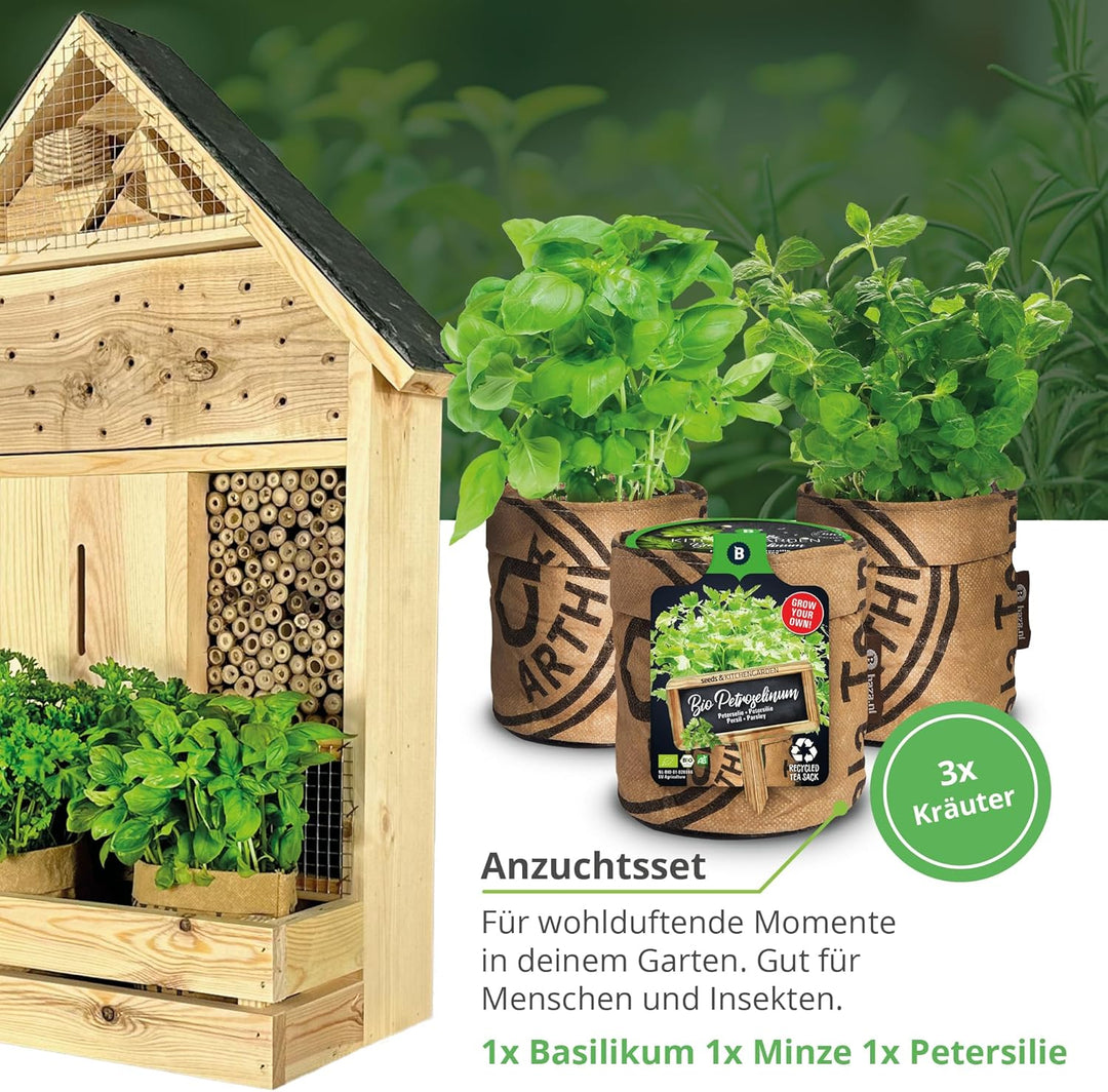 GARTENETAGE Stehendes Insektenhotel XXL mit Schieferdach und Pflanzenoase Kräuterparadies - inkl. An