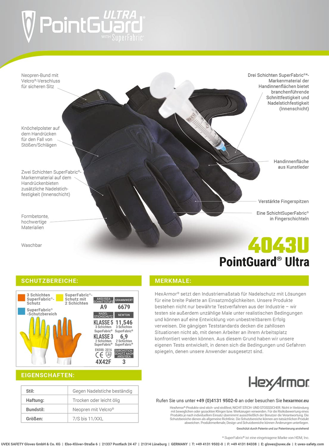 HexArmor PointGuard Ultra 4043 - Nadelstichschutzhandschuhe - Herren Schutzhandschuhe - Gr. 11 11/XX