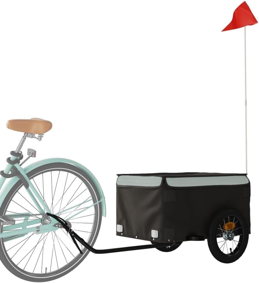 Mangloder Fahrradanhänger Schwarz Blau Eisen mit Deichsel, Sicherheitsflagge, Laderaum 62x40x31, für