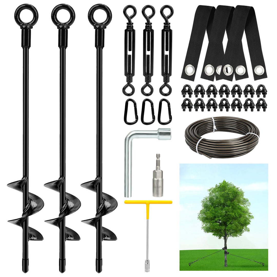 Baumstützen Set Schwerlast 3er Pack 45 cm – Spiral-Baumanker/Bodenanker mit Baumgurten, Spannschlöss
