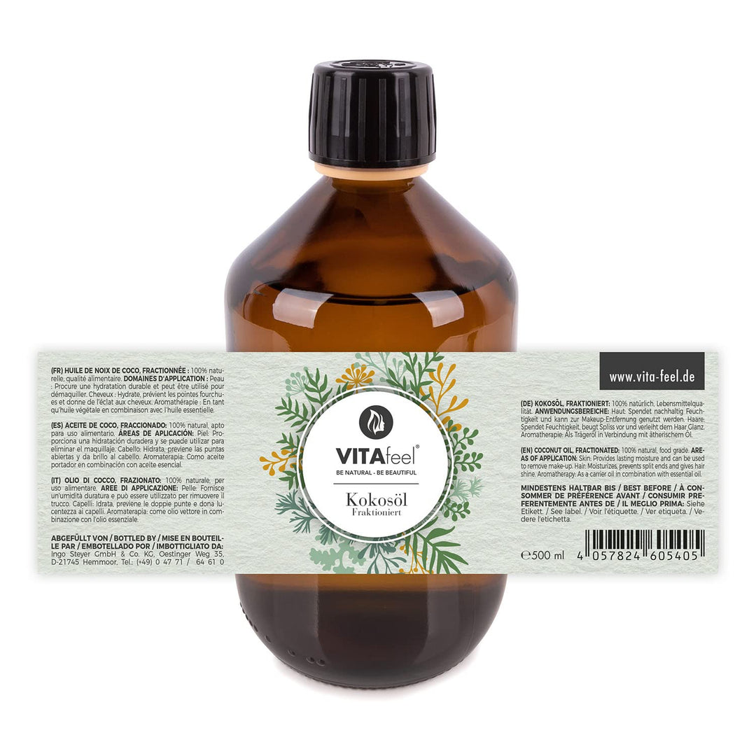 VitaFeel Kokosöl fraktioniert, 2er Pack (2 x 500 ml) in Glasflasche inkl. Pumper
