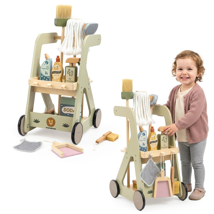 Mamabrum Holz Reinigungswagen für Kinder mit Rollenzubehör Set 11 tlg. Push-Bildspielzeug Rollenspie